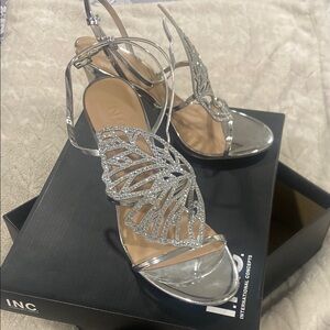 INC International Concepts Silver Heels with Strappy Design and Stiletto Style